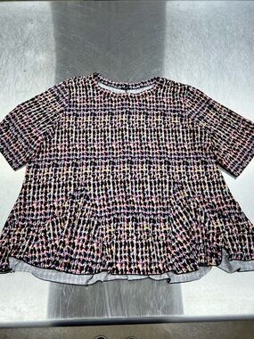 Studio 1886 Multicolor Geometric Peplum Short Sleeve Top — Black, Pink, Cream 2X